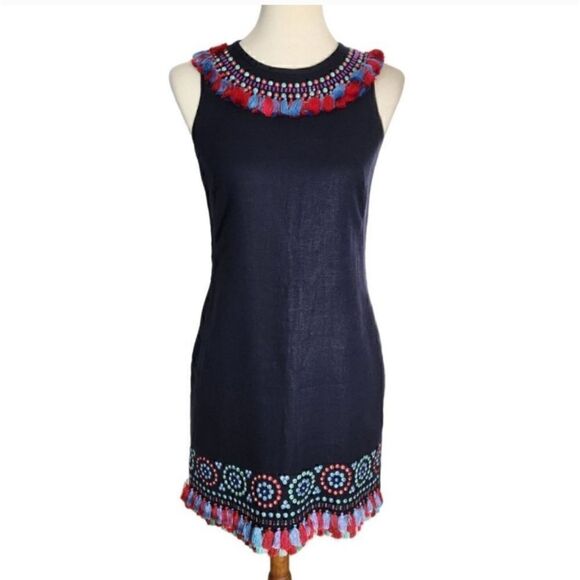 Kate Spade Navy Fringe Tassels Rhinestones Silver Studs Dress Sleeveless Sz 2 - Picture 7 of 15